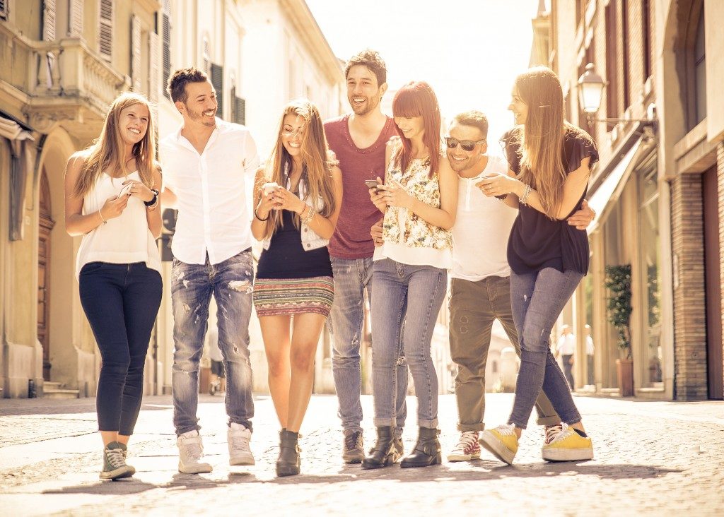 group of friends meeting in the city center
